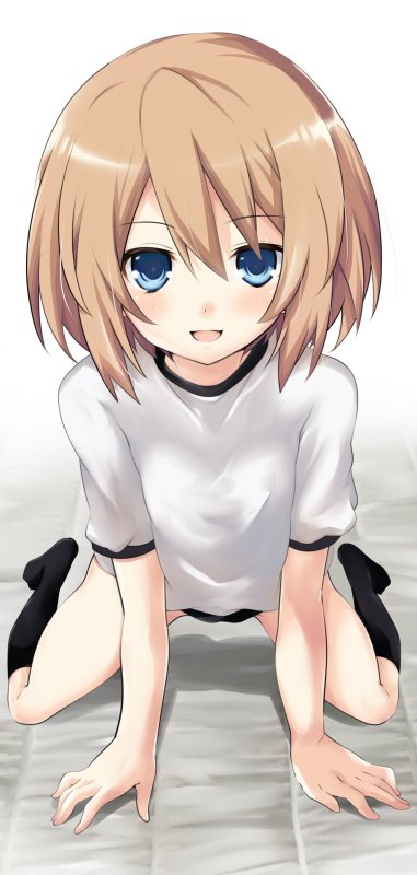 1girl black_legwear blanc blue_eyes blush breasts brown_hair iwasi-r kneeling looking_at_viewer neptune_(series) open_mouth shirt short_hair small_breasts socks solo t-shirt white_shirt