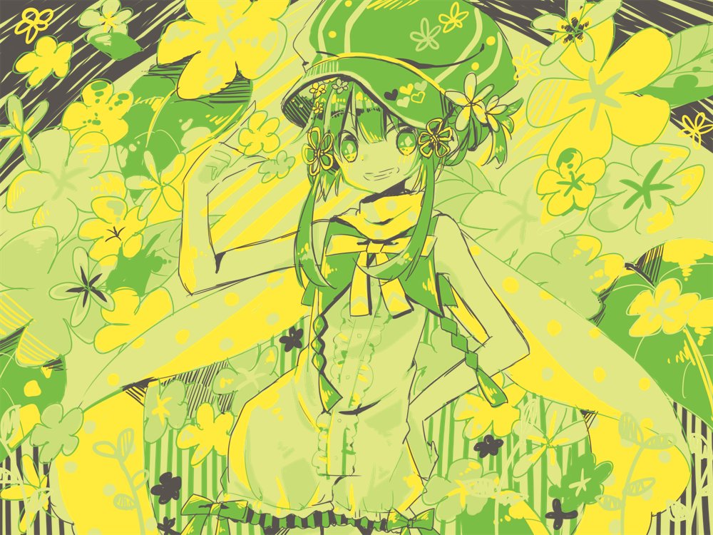 1girl artist_request bangs bow cape character_request copyright_request cowboy_shot diamond_(shape) flower frills green green_eyes green_hair hand_on_hip hat heart long_hair looking_at_viewer monochrome sidelocks sleeveless smile solo symbol-shaped_pupils