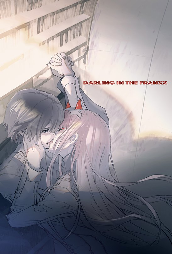 1boy 1girl bangs blue_eyes closed_eyes commentary_request copyright_name couple darling_in_the_franxx floating_hair french_kiss hair_ornament hairband hand_holding hand_on_another's_face hand_up hetero hiro_(darling_in_the_franxx) horns interlocked_fingers kiss limited_palette long_hair long_sleeves looking_at_another maeshima_shigeki military military_uniform oni_horns pink_hair red_horns tongue tongue_out uniform white_hairband zero_two_(darling_in_the_franxx)