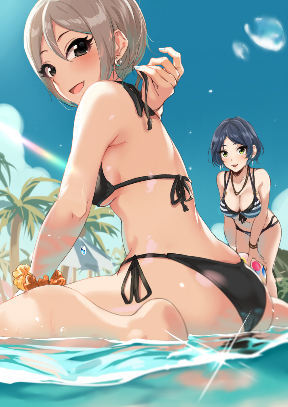 2girls ass back ball bangs bare_shoulders beach beachball bikini black_bikini black_eyes blue_hair blue_sky blush bracelet breasts cleavage earrings grey_hair hair_between_eyes hayami_kanade highres hips idolmaster idolmaster_cinderella_girls jewelry kurokin large_breasts looking_at_viewer looking_to_the_side medium_breasts multiple_girls necklace open_mouth palm_tree parted_bangs scrunchie shiomi_shuuko short_hair side-tie_bikini sky smile striped striped_bikini swimsuit thighs tree waist water wrist_scrunchie yellow_eyes