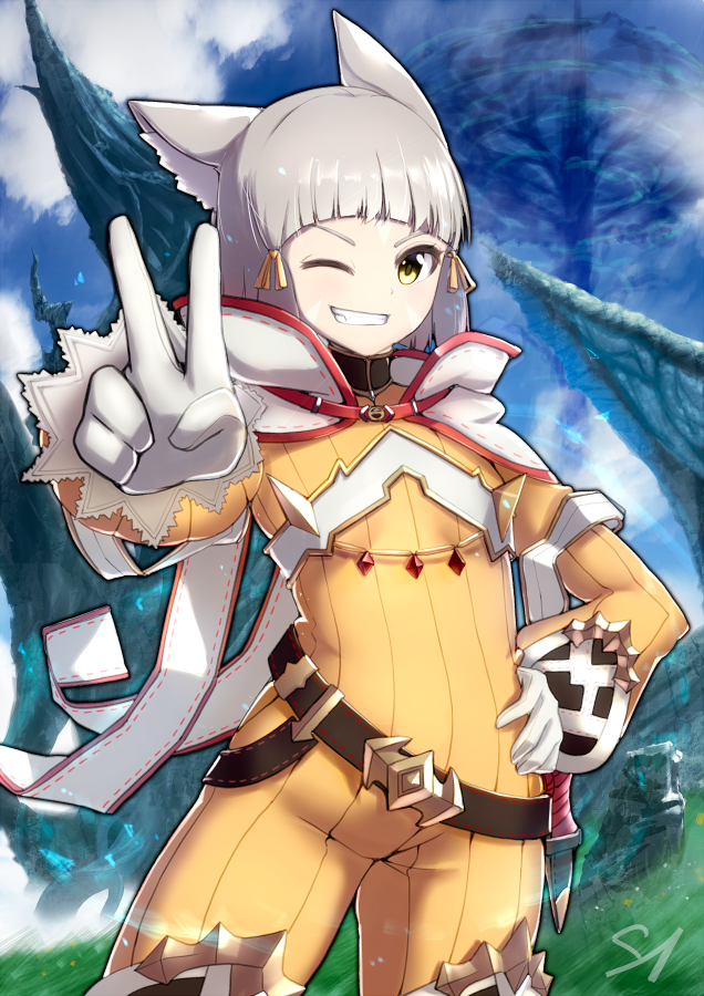 1girl ;) animal_ears blue_sky cat_ears clenched_teeth clouds commentary_request day gloves grey_hair hair_ribbon hand_on_hip long_sleeves looking_at_viewer marusan nintendo niyah one_eye_closed outdoors puffy_long_sleeves puffy_sleeves ribbon short_hair sidelocks sky smile solo standing teeth v white_gloves xenoblade_(series) xenoblade_2 yellow_eyes yellow_ribbon
