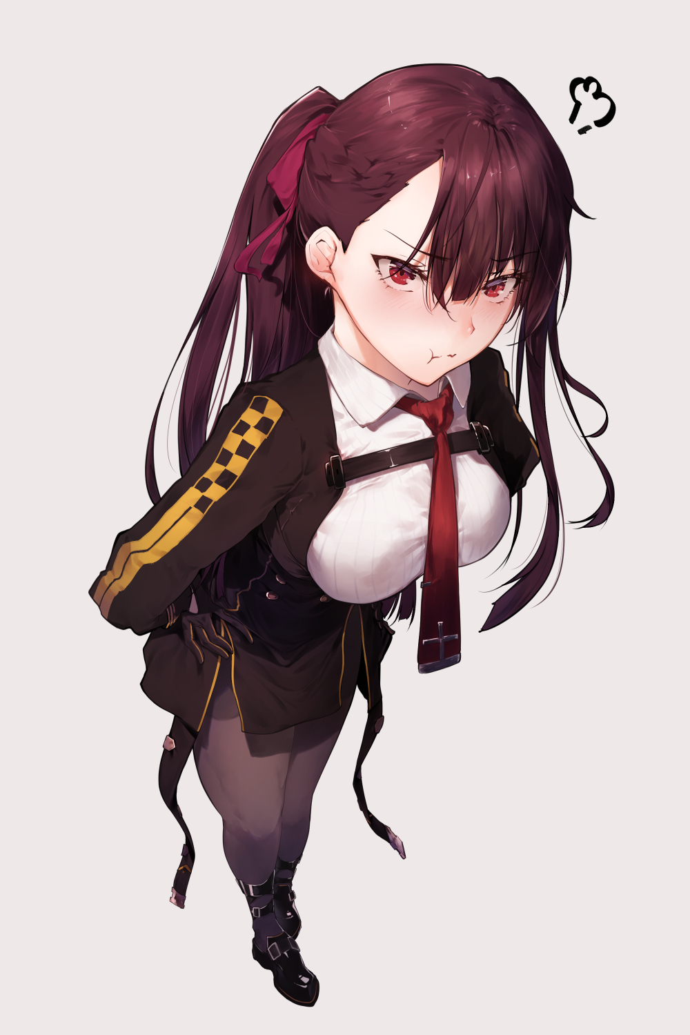 1girl :t bangs black_footwear black_legwear black_skirt blazer blush breasts closed_mouth collared_shirt eyebrows_visible_through_hair framed_breasts full_body girls_frontline gloves hair_ribbon half_updo hands_on_hips highres hplay jacket large_breasts long_hair looking_at_viewer necktie one_side_up pantyhose pelvic_curtain pout purple_hair red_eyes red_neckwear ribbon shirt shoes simple_background skirt solo striped striped_shirt thighband_pantyhose tsundere very_long_hair wa2000_(girls_frontline) white_shirt