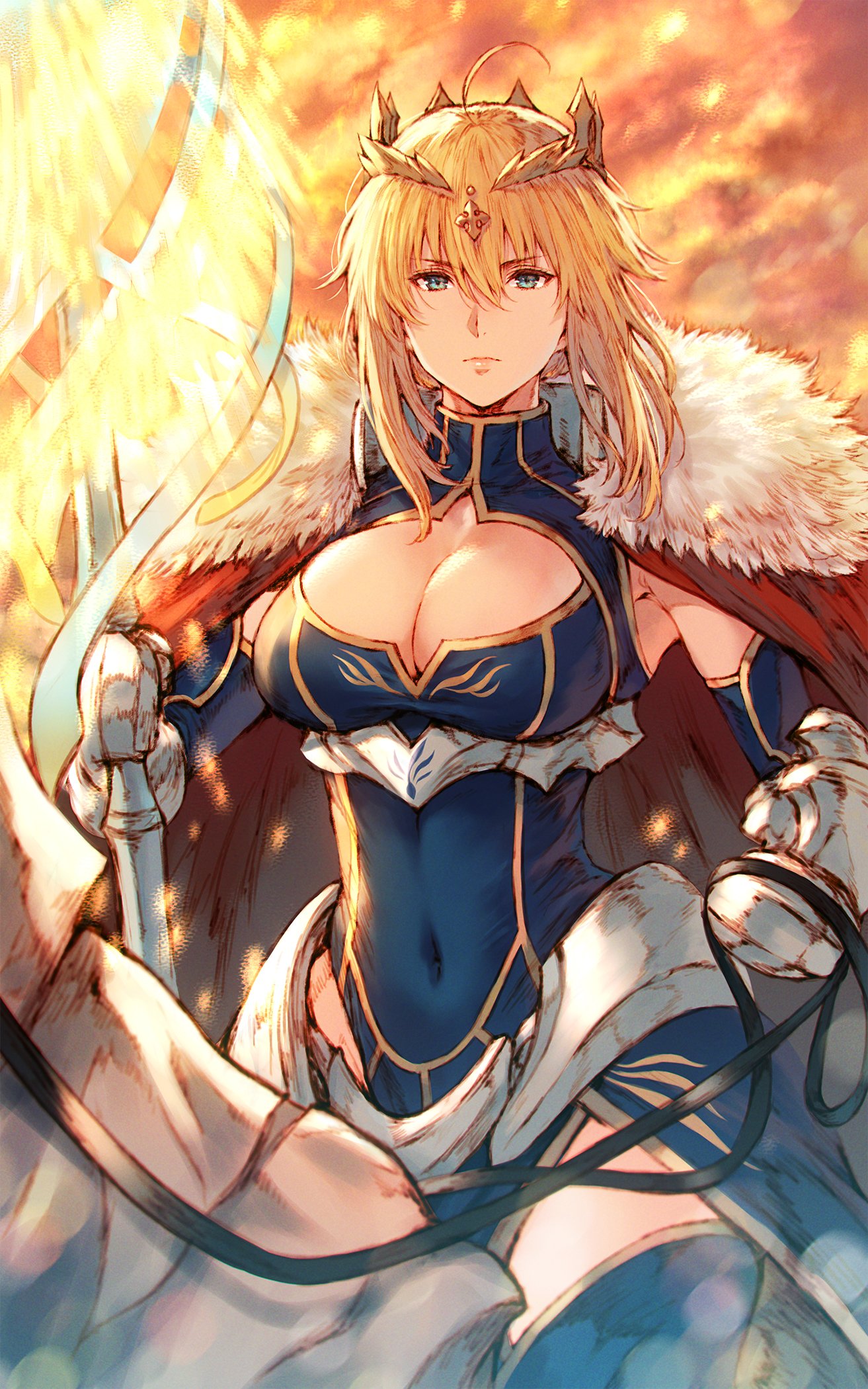 1girl ahoge armor artoria_pendragon_(all) artoria_pendragon_(lancer) bangs blue_dress blue_gloves blue_legwear blue_leotard breasts cape closed_mouth commentary_request covered_navel crown dress eyebrows_visible_through_hair facing_viewer fate/grand_order fate_(series) fur-trimmed_cape fur_trim gauntlets gloves glowing glowing_weapon green_eyes hair_between_eyes highres horse horseback_riding lance large_breasts leotard looking_at_viewer makimura_shunsuke polearm red_cape rhongomyniad riding sidelocks underbust weapon white_horse