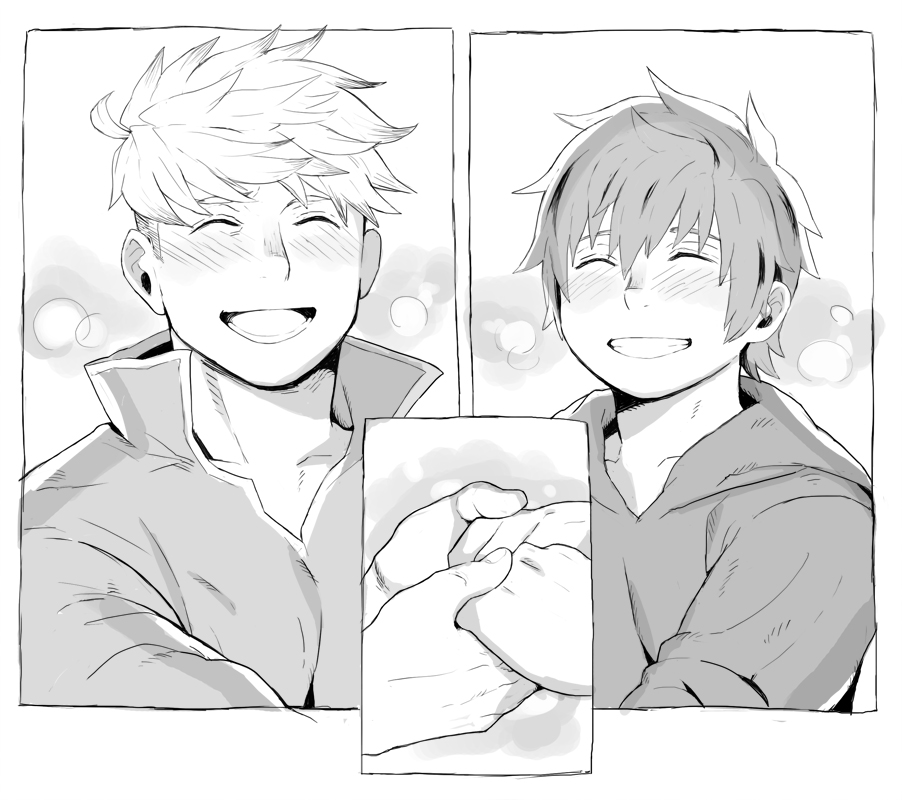 2boys blush closed_eyes gran_(granblue_fantasy) granblue_fantasy greyscale grin hand_holding hood hoodie male_focus monochrome multiple_boys nabana_(bnnbnn) short_hair smile undercut upper_body vane_(granblue_fantasy) yaoi