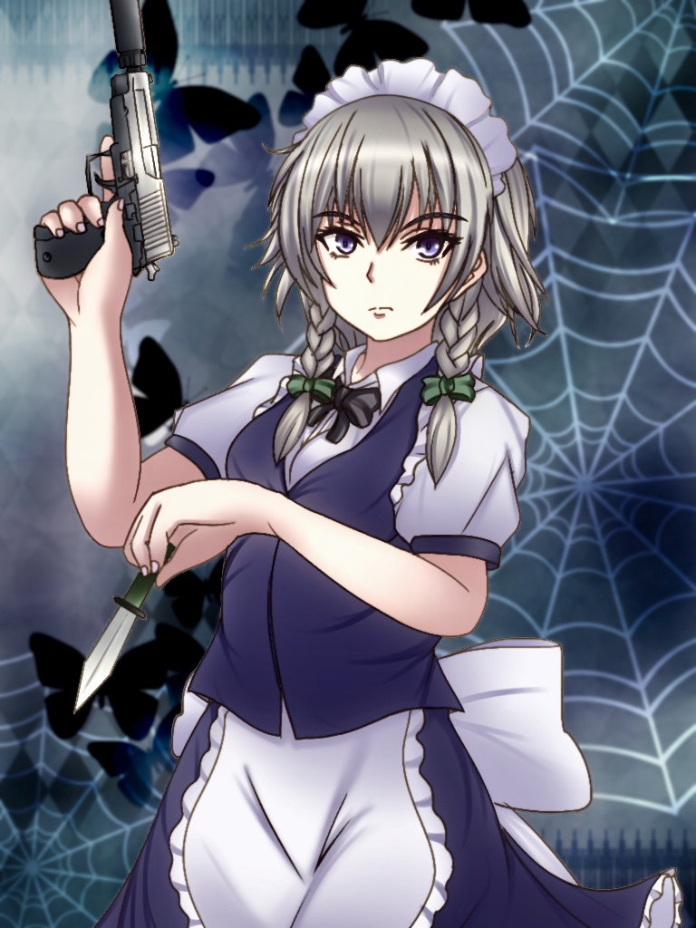 1girl apron bangs black_bow black_neckwear blue_background blue_eyes blue_skirt blue_vest bow bowtie braid breasts bug butterfly commentary_request cowboy_shot eyebrows_visible_through_hair frilled_apron frills green_bow gun hair_between_eyes hair_bow hand_up handgun holding holding_gun holding_knife holding_weapon insect izayoi_sakuya knife looking_at_viewer maid maid_apron maid_headdress pistol puffy_short_sleeves puffy_sleeves shirt short_hair short_sleeves silk silver_hair skirt skirt_set small_breasts solo spider_web standing touhou trigger_discipline trigger_happy_(rui-rin) twin_braids vest waist_apron weapon white_apron white_shirt wing_collar