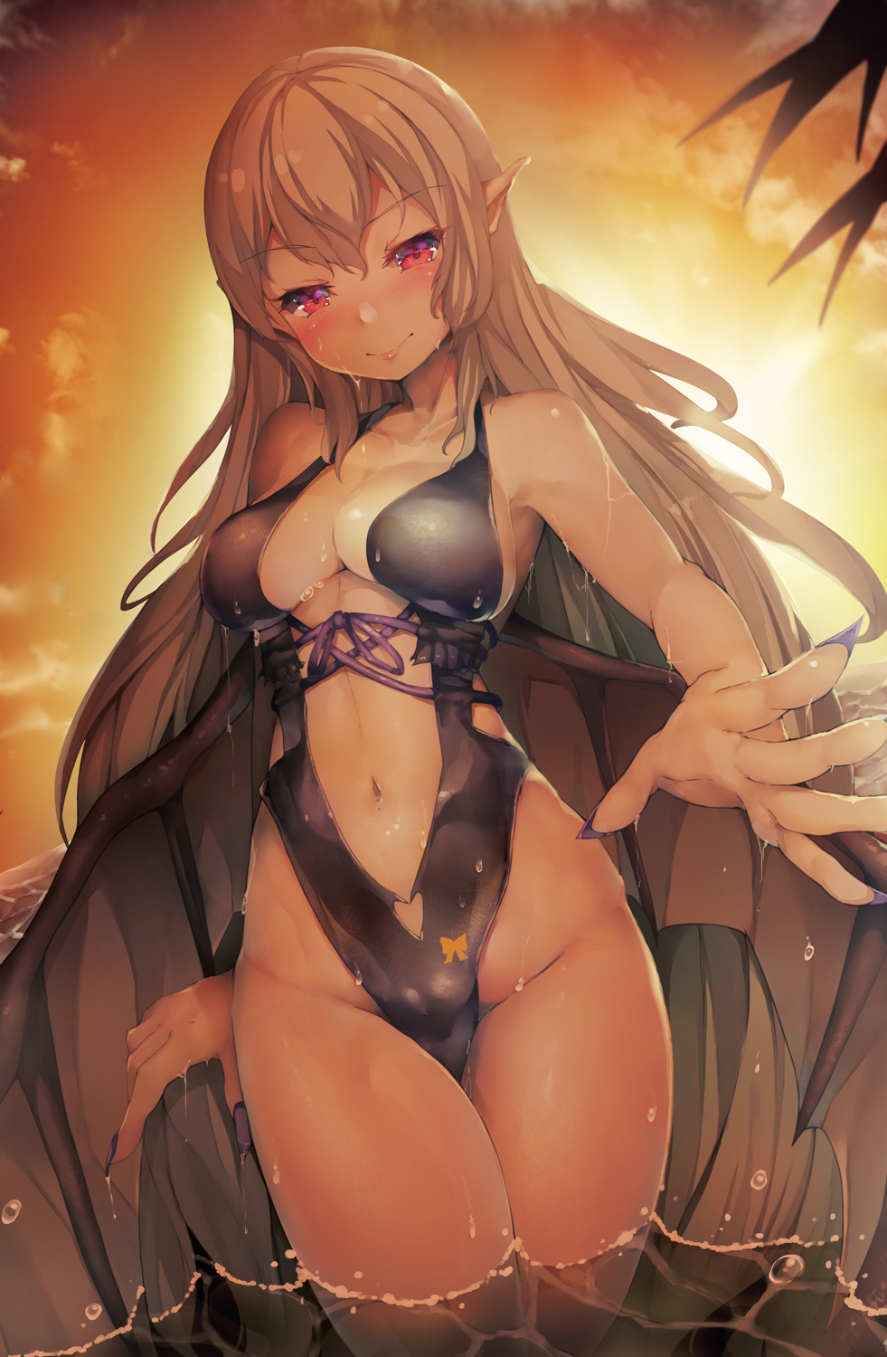 1girl arcana_heart arcana_heart_2 bat_wings black_swimsuit blonde_hair breasts casual_one-piece_swimsuit clarice_di_lanza cleavage cowboy_shot fingernails highres long_fingernails long_hair looking_at_viewer medium_breasts miurahha one-piece_swimsuit partially_submerged pointy_ears red_eyes solo sunset swimsuit very_long_hair water wings