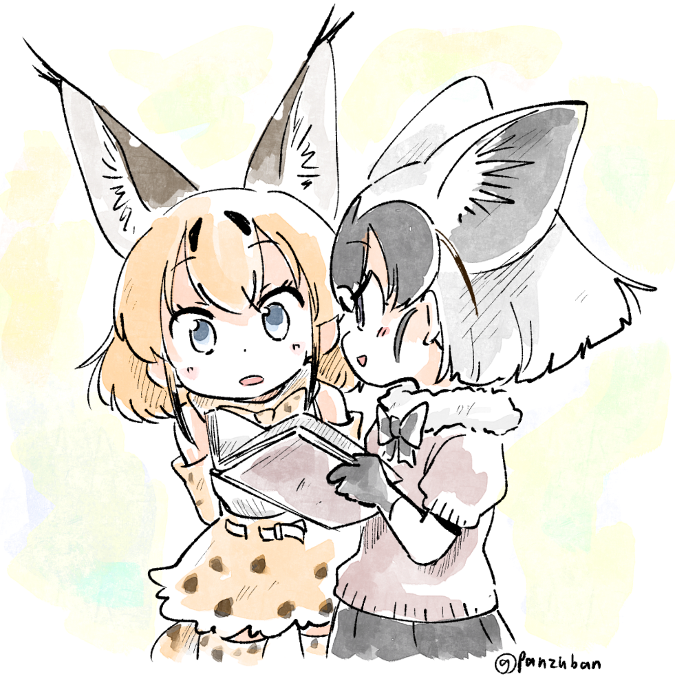 2girls black_gloves black_hair black_neckwear blonde_hair blue_eyes book bow bowtie caracal_ears caraval_(kemono_friends)_(panzuban) commentary fennecoon_(kemono_friends)_(panzuban) fur_collar gloves grey_hair holding holding_book kemono_friends looking_at_another medium_hair multicolored_hair multiple_girls open_mouth original panzuban print_legwear print_neckwear print_skirt puffy_short_sleeves puffy_sleeves serval_print serval_tail short_sleeves skirt tail thigh-highs twitter_username two-tone_hair