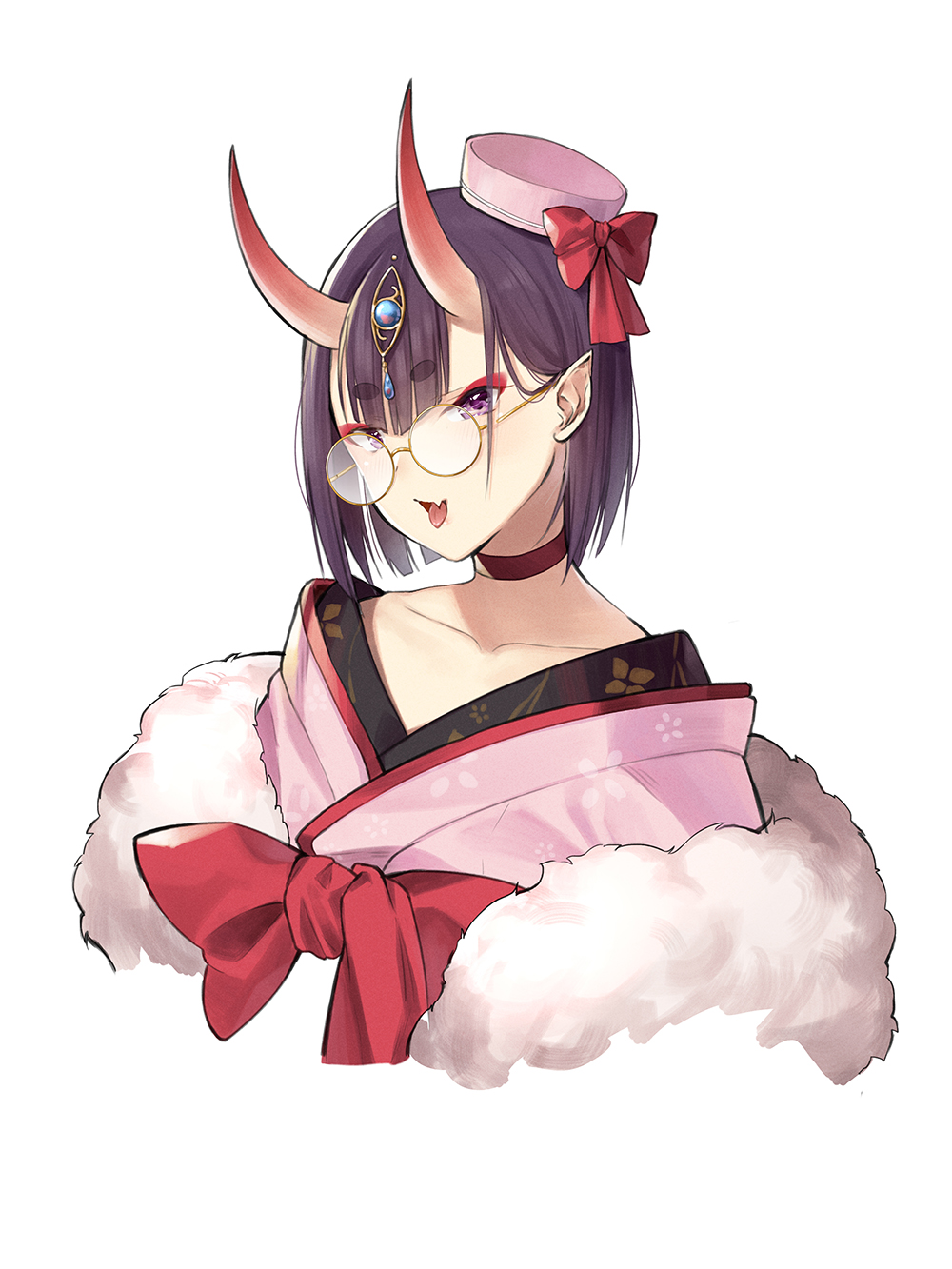 1girl bangs blush bow choker collarbone fang fate/grand_order fate_(series) fur_trim glasses hat hat_bow highres horns japanese_clothes kimono mini_hat oni oni_horns open_mouth philomelalilium pink_hat pink_kimono purple_hair red_bow red_choker round_eyewear short_hair shuten_douji_(fate/grand_order) simple_background solo thick_eyebrows tongue tongue_out violet_eyes white_background