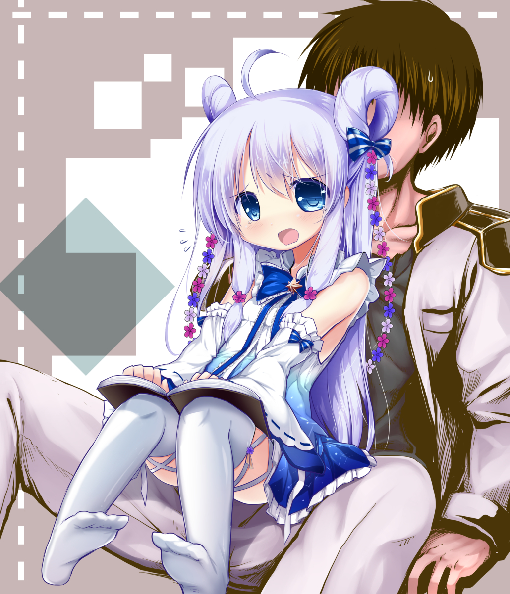 1boy 1girl :o ahoge black_hair blue_bow blue_eyes book bow bowtie couple detached_sleeves dress faceless faceless_male flower flower_knight_girl hair_bow hair_flower hair_ornament hair_rings hetero highres izumi_yukiru jacket long_hair open_mouth pants raised_eyebrows sidelocks sitting sitting_on_lap sitting_on_person striped striped_bow sutera_(flower_knight_girl) thigh-highs white_hair white_legwear white_pants