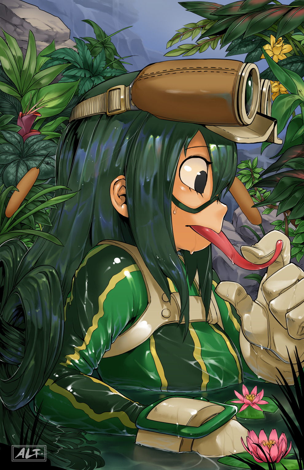 1girl aaron_l._tucker asui_tsuyu bodysuit boku_no_hero_academia branch domino_mask eyelashes flower from_side gloves green_hair highres lily_pad long_hair long_tongue mask nature partially_submerged plant solo tongue tongue_out upper_body very_long_hair water wet wet_clothes wet_hair