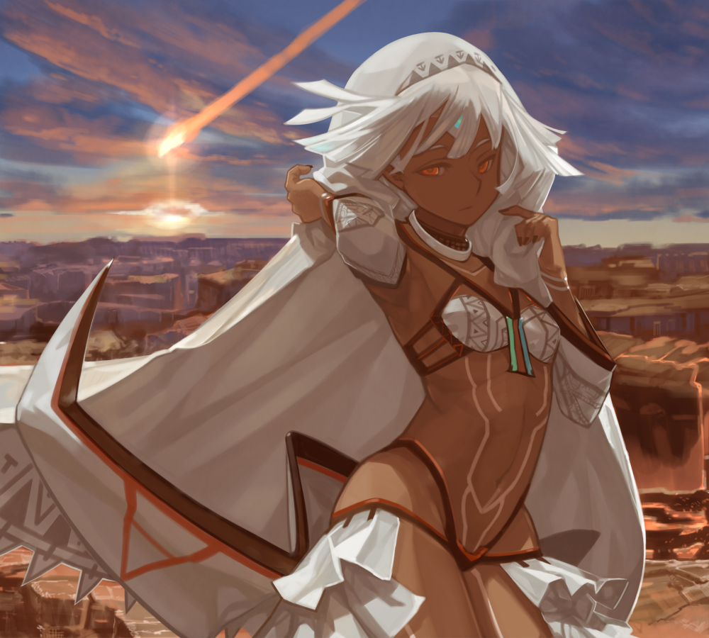 1girl altera_(fate) arm_up armpits bangs black_nails blunt_bangs breasts brown_eyes canyon choker closed_mouth collarbone dark_skin day expressionless fate/grand_order fate_(series) fingernails full_body_tattoo headdress hips light_trail looking_at_viewer midriff multicolored multicolored_sky nail_polish navel outdoors revealing_clothes rock short_hair skirt sky small_breasts solo standing stomach stomach_tattoo sun tan tattoo teke_(exploration) thighs veil white_hair white_skirt