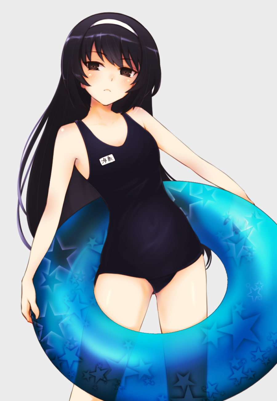 1girl bangs black_hair black_swimsuit closed_mouth commentary cowboy_shot eyebrows_visible_through_hair frown girls_und_panzer grey_background hairband highres holding innertube long_hair looking_at_viewer name_tag old_school_swimsuit reizei_mako school_swimsuit simple_background solo standing star star_print swimsuit umxzo white_hairband