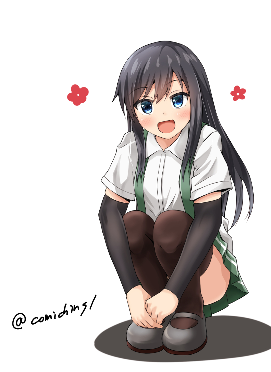 1girl arm_warmers asashio_(kantai_collection) black_hair black_legwear blue_eyes comiching grey_skirt highres kantai_collection long_hair looking_at_viewer neck_ribbon open_mouth pleated_skirt ribbon school_uniform shadow shirt short_sleeves simple_background skirt smile solo squatting suspenders thigh-highs twitter_username white_background white_shirt
