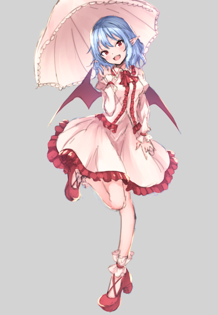 1girl :d ankle_garter ascot bangs bat_wings blue_hair blush breasts center_frills commentary cross-laced_footwear dress eyebrows_visible_through_hair fang frilled_shirt_collar frills full_body grey_background hair_between_eyes hand_up head_tilt high_heels holding holding_umbrella juliet_sleeves junior27016 leg_up long_sleeves looking_at_viewer medium_breasts no_hat no_headwear open_mouth petticoat pink_umbrella pointy_ears puffy_sleeves pumps red_eyes red_neckwear remilia_scarlet short_hair simple_background sketch smile solo standing standing_on_one_leg touhou umbrella white_dress wings