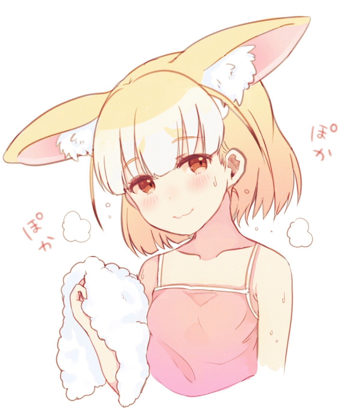 1girl :3 alternate_costume ancolatte_(onikuanco) animal_ear_fluff animal_ears bare_shoulders blonde_hair blush collarbone commentary_request extra_ears eyebrows_visible_through_hair fennec_(kemono_friends) fox_ears highres kemono_friends short_hair sleeveless solo spaghetti_strap sweatdrop tank_top towel translated upper_body