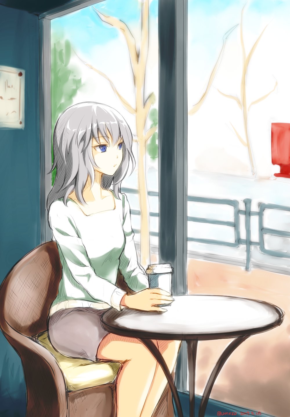 1girl bangs blue_eyes casual chair closed_mouth coffee_cup commentary cup disposable_cup eyebrows_visible_through_hair girls_und_panzer highres holding holding_cup indoors itsumi_erika light_frown long_hair looking_to_the_side silver_hair sitting solo table tree umxzo window