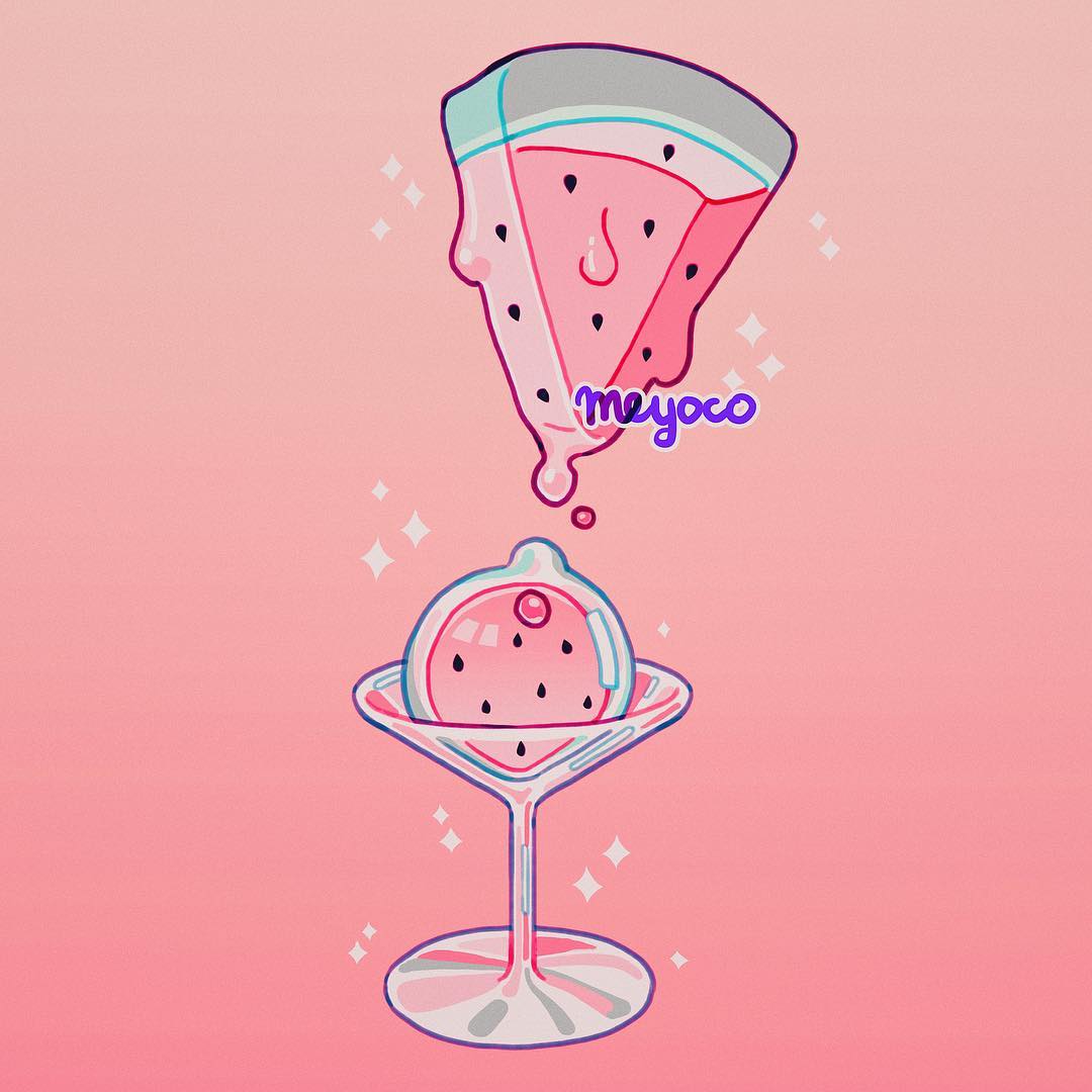 1girl artist_name cocktail_glass cup drinking_glass food fruit gradient gradient_background meyoco no_humans original pink_background see-through solo sparkle watermelon