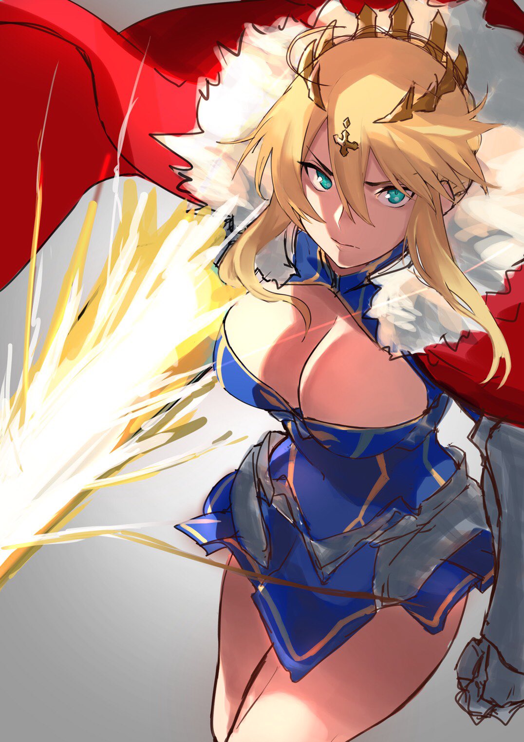 1girl armor artoria_pendragon_(all) artoria_pendragon_(lancer) bangs blue_dress blue_gloves braid breasts cape cleavage closed_mouth commentary_request crown dress fate/grand_order fate_(series) french_braid fujitsubo_(hujitubo0731) fur-trimmed_cape fur_trim gauntlets gloves glowing glowing_weapon green_eyes hair_between_eyes highres lance large_breasts legs polearm red_cape rhongomyniad sidelocks sketch weapon work_in_progress