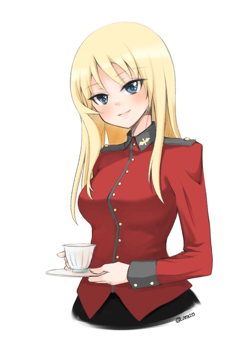 1girl bangs black_skirt blonde_hair blue_eyes closed_mouth commentary cropped_torso cup earl_grey_(girls_und_panzer) epaulettes eyebrows_visible_through_hair girls_und_panzer head_tilt holding jacket long_hair long_sleeves looking_at_viewer military military_uniform pleated_skirt red_jacket saucer skirt smile solo st._gloriana's_military_uniform standing teacup twitter_username umxzo uniform upper_body