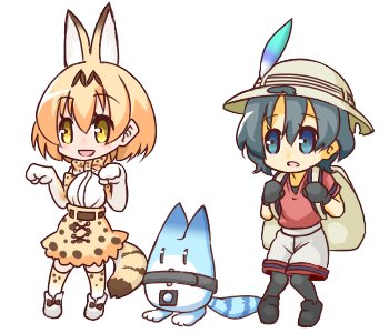 2girls :d animal_ears backpack bag bangs black_footwear black_gloves black_legwear blush bow bowtie commentary_request elbow_gloves extra_ears eyebrows_visible_through_hair full_body gloves grey_shorts hair_between_eyes hands_up hat_feather helmet high-waist_skirt hono kaban_(kemono_friends) kemono_friends light_brown_hair lowres lucky_beast_(kemono_friends) multiple_girls open_mouth pantyhose pith_helmet print_gloves print_legwear print_neckwear print_skirt red_shirt robot serval_(kemono_friends) serval_ears serval_print serval_tail shirt shoes short_shorts short_sleeves shorts simple_background skirt sleeveless sleeveless_shirt smile standing striped_tail tail thigh-highs white_background white_footwear white_gloves white_shirt