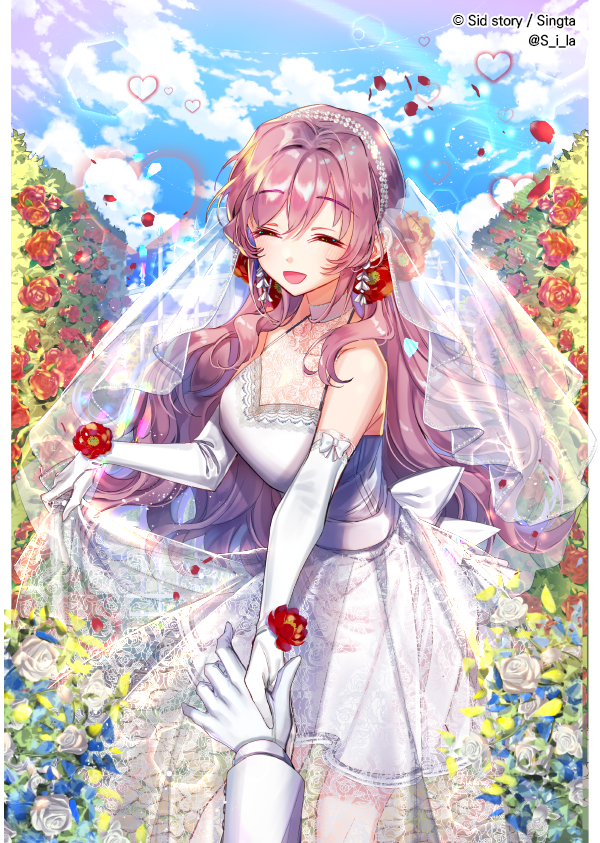 1boy 1girl :d blue_sky breasts bride closed_eyes clouds copyright_name day dress earrings elbow_gloves female flower gloves gown half-closed_eyes happy heart hetero holding_hands interitio jewelry long_hair male male_hand official_art open_mouth original outdoors sid sky smile solo_focus standing veil wedding wedding_dress white_dress white_gloves