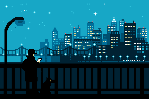 1boy animated animated_gif black_pants blue_sky bridge brown_coat brown_dog building cellphone city coat dog from_behind holding holding_phone lamppost looking_at_phone looking_at_screen lowres night outdoors pants phone pixel_art railing sky skyscraper star_(sky) starry_sky toyoi_yuuta watch_dogs