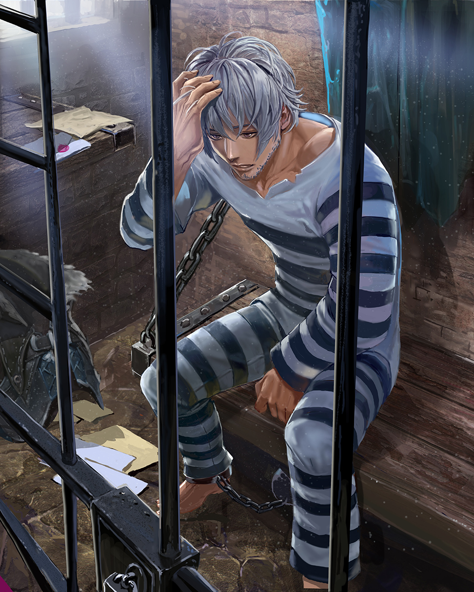 1boy ball_and_chain_restraint barefoot bench brown_eyes envelope facial_hair ggozira grey_hair hand_up highres indoors letter light_rays lock male_focus official_art prison prison_clothes prisoner sitting striped_clothes stubble tenkuu_no_crystalia