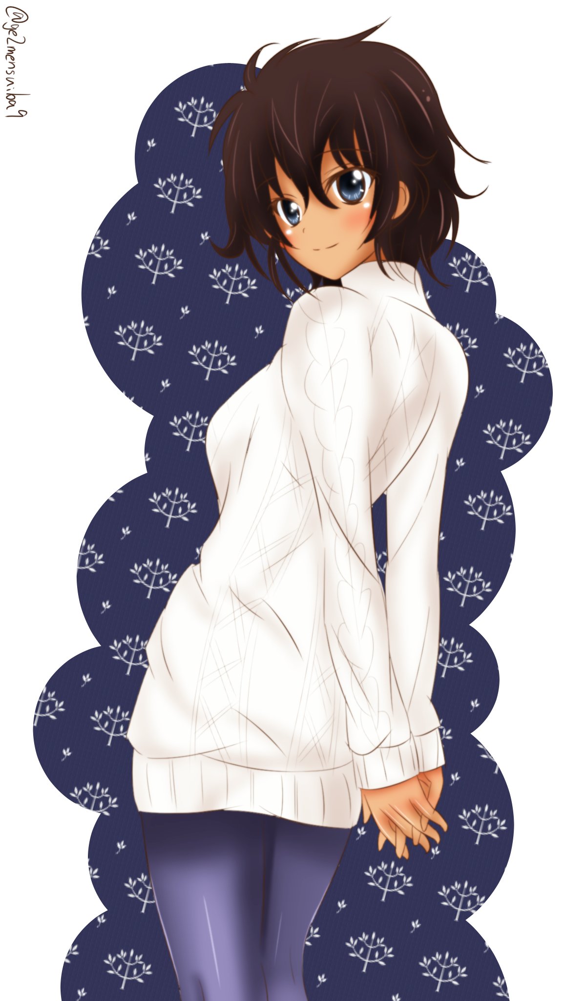 1girl arms_behind_back bangs black_legwear blue_eyes brown_hair casual closed_mouth commentary cowboy_shot dark_skin from_side getsumen_suibaku_ver._a(c) girls_und_panzer highres leggings long_sleeves looking_at_viewer looking_back messy_hair ribbed_sweater short_hair smile solo standing suzuki_(girls_und_panzer) sweater twitter_username white_sweater