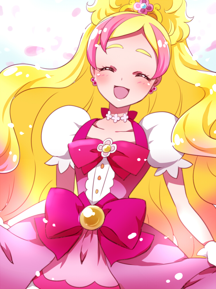 1girl :d ^_^ ^o^ blush bow closed_eyes closed_eyes cure_flora dress earrings flower flower_earrings flower_necklace gloves go!_princess_precure haruno_haruka jewelry kagami_chihiro long_hair magical_girl mode_elegant_(go!_princess_precure) multicolored_hair necklace open_mouth petals pink_bow precure puffy_short_sleeves puffy_sleeves short_sleeves skirt_hold smile solo streaked_hair thick_eyebrows two-tone_hair upper_body white_gloves