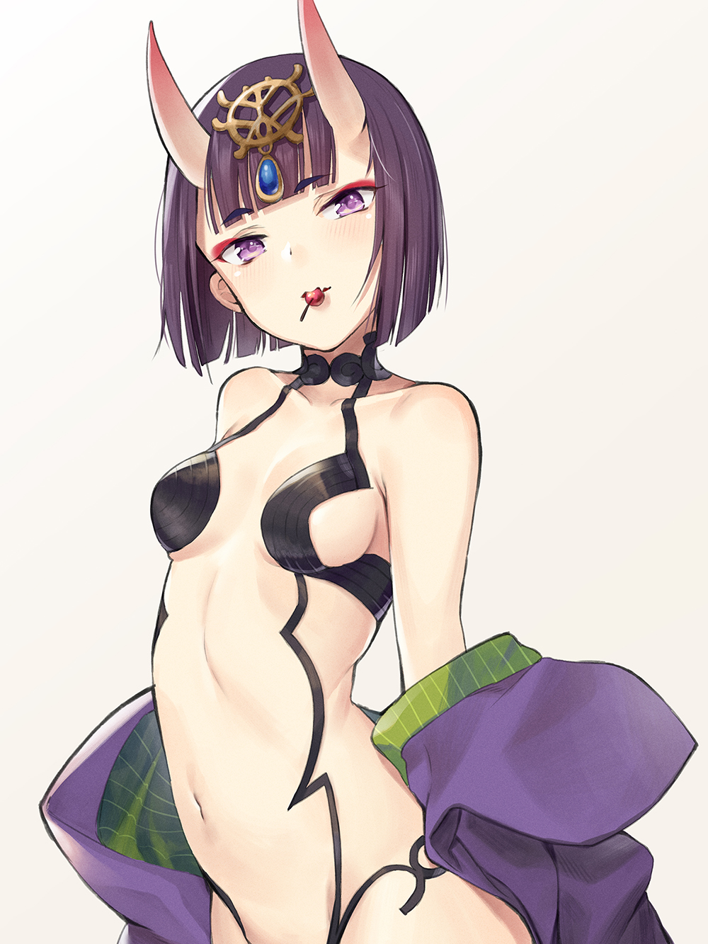 1girl bangs bare_shoulders bikini blunt_bangs breasts brown_background cherry collarbone eyebrows_visible_through_hair fate/grand_order fate_(series) food food_in_mouth fruit headpiece highres horns japanese_clothes kimono mouth_hold navel off_shoulder oni oni_horns open_clothes open_kimono philomelalilium purple_bikini purple_hair revealing_clothes shuten_douji_(fate/grand_order) small_breasts solo swimsuit violet_eyes