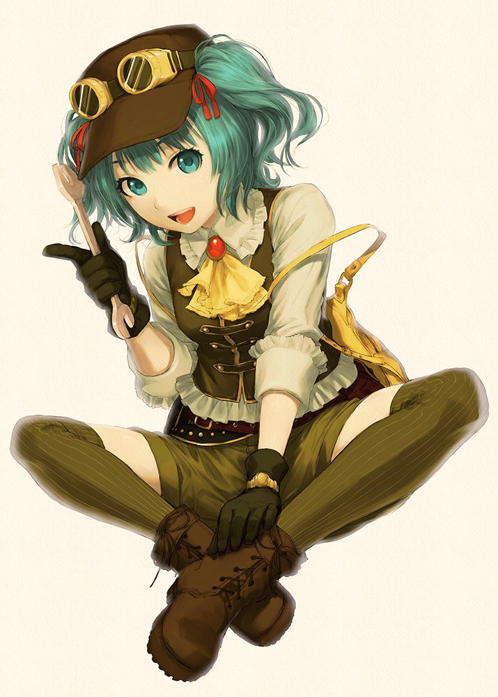 1girl :d alternate_costume ankle_boots aqua_eyes aqua_hair ascot bag belt black_gloves boots brooch brown_footwear brown_hat brown_legwear brown_shorts brown_vest cross-laced_footwear frilled_shirt_collar frilled_sleeves frills full_body gloves goggles goggles_on_headwear hair_ribbon hat holding index_finger_raised indian_style jewelry kageharu kawashiro_nitori looking_at_viewer medium_hair open_mouth pinstripe_pattern red_ribbon ribbon sepia_background shirt short_shorts shorts simple_background sitting smile solo striped striped_legwear thigh-highs touhou twintails vertical-striped_legwear vertical_stripes vest white_shirt wrench yellow_bag yellow_neckwear