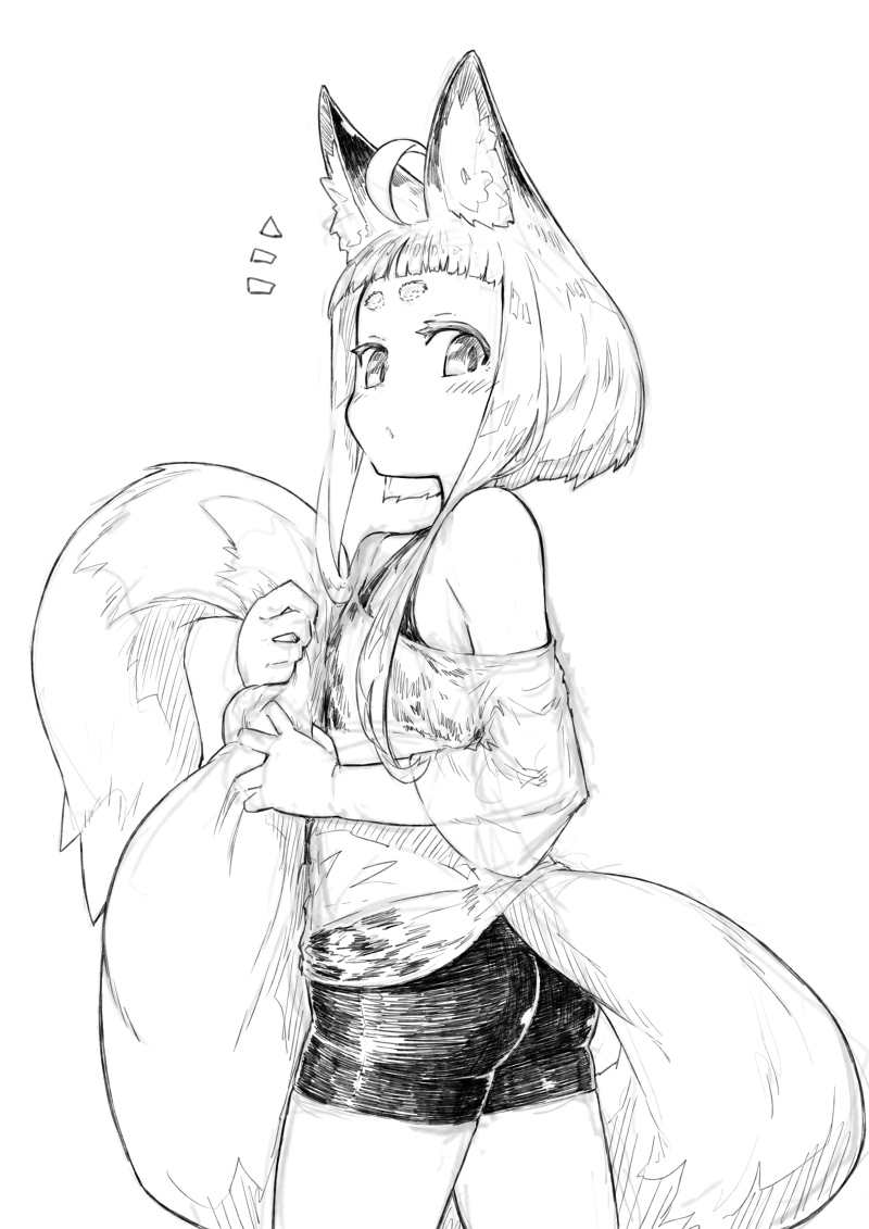/\/\/\ 1girl ahoge animal_ear_fluff animal_ears ass bangs bike_shorts blunt_bangs blush commentary_request cowboy_shot fox_ears fox_girl fox_girl_(jaco) fox_tail greyscale holding_own_tail jaco long_hair long_tail looking_at_viewer looking_to_the_side monochrome off-shoulder_shirt off_shoulder original shirt short_hair_with_long_locks sidelocks simple_background solo standing tail thick_eyebrows twisted_torso white_background