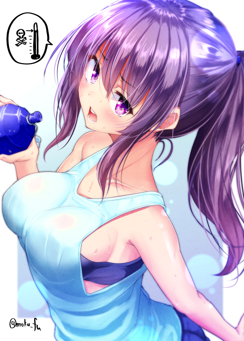 1girl bangs bare_arms bare_shoulders blue_skirt blue_tank_top blush bottle breasts collarbone eyebrows_visible_through_hair hair_between_eyes holding holding_bottle large_breasts long_hair looking_at_viewer mokufuu open_mouth original pleated_skirt ponytail purple_hair sideboob sidelocks skirt skull_and_crossbones solo sweat tank_top thermometer twitter_username very_long_hair violet_eyes water_bottle