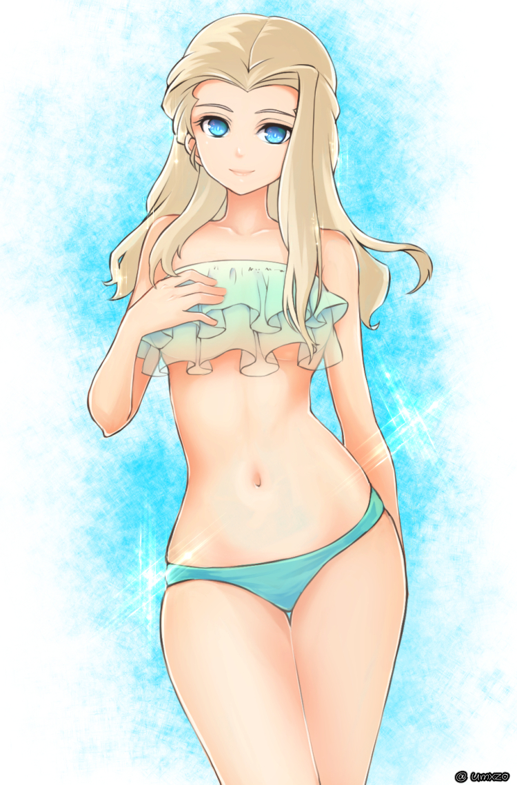 1girl aqua_background aqua_bikini arm_behind_back bangs bikini blonde_hair blue_eyes clara_(girls_und_panzer) closed_mouth commentary_request cowboy_shot girls_und_panzer hand_on_own_chest layered_bikini long_hair looking_at_viewer navel parted_bangs skindentation smile solo sparkle standing swimsuit thigh_gap thighs umxzo