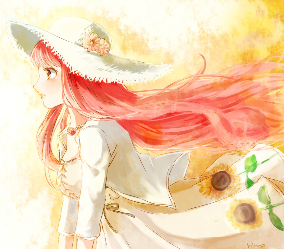 1girl bangs blunt_bangs blush brown_eyes dress floral_print hat hino_(8) jacket jewelry long_hair miracle_nikki necklace nikki_(miracle_nikki) pink_hair solo sun_hat sundress sunflower_print very_long_hair white_dress white_hat white_jacket