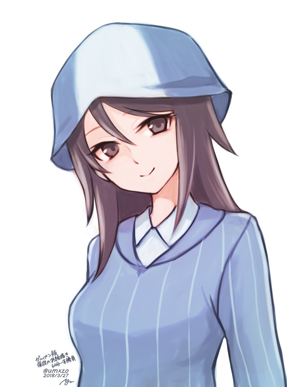 1girl artist_name bangs blue_hat blue_shirt brown_eyes brown_hair closed_mouth commentary dated dress_shirt girls_und_panzer hat head_tilt highres keizoku_school_uniform long_hair long_sleeves looking_at_viewer mika_(girls_und_panzer) portrait school_uniform shirt signature simple_background smile solo standing striped striped_shirt twitter_username umxzo vertical-striped_shirt vertical_stripes white_background white_shirt