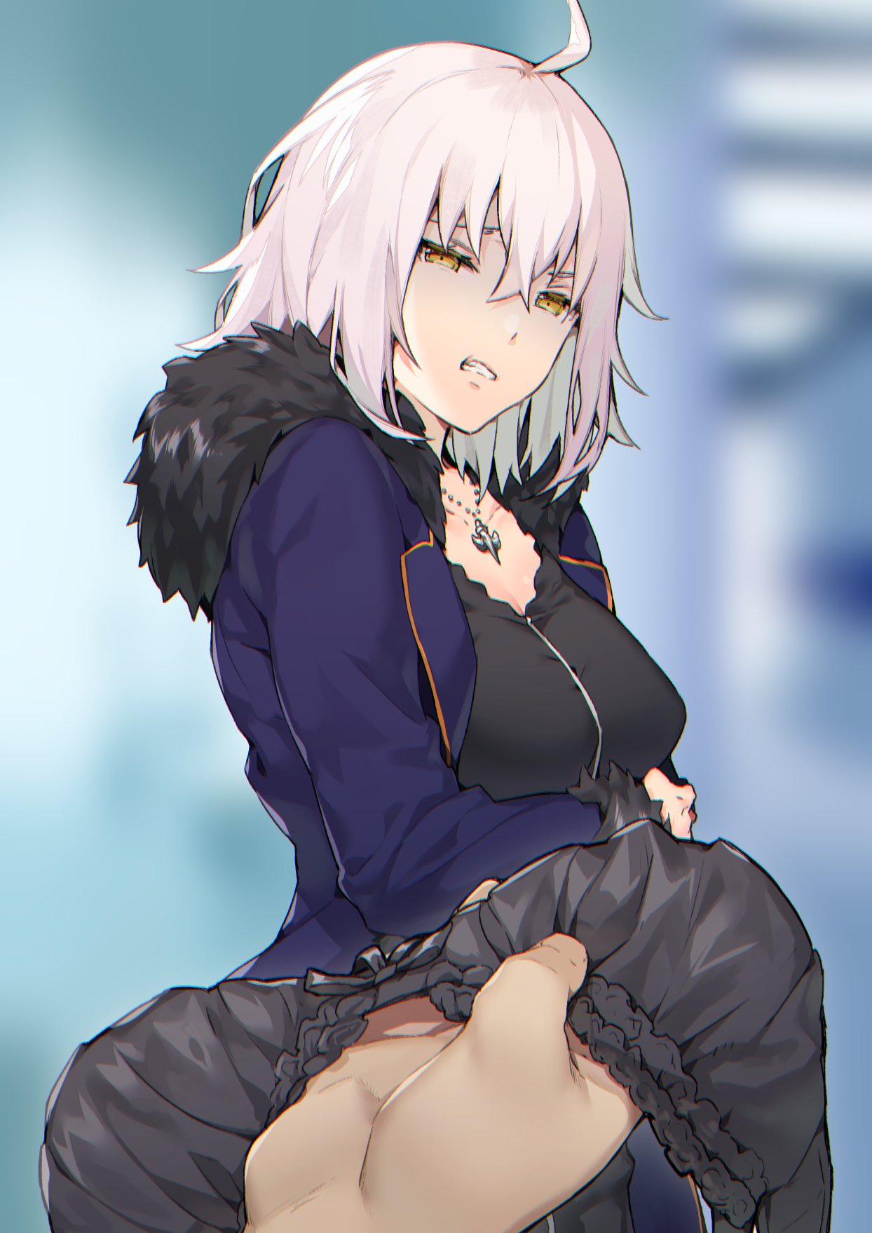 1girl ahoge annoyed arms_under_breasts black_dress blue_jacket blurry blurry_background bra breasts clenched_teeth commentary_request crossed_arms dress fate/grand_order fate_(series) frilled_bra frills fur_collar fur_trim highres holding holding_bra itohana jacket jeanne_d'arc_(alter)_(fate) jeanne_d'arc_(fate)_(all) jewelry large_breasts looking_at_viewer necklace parted_lips pov short_hair silver_hair teeth underwear yellow_eyes