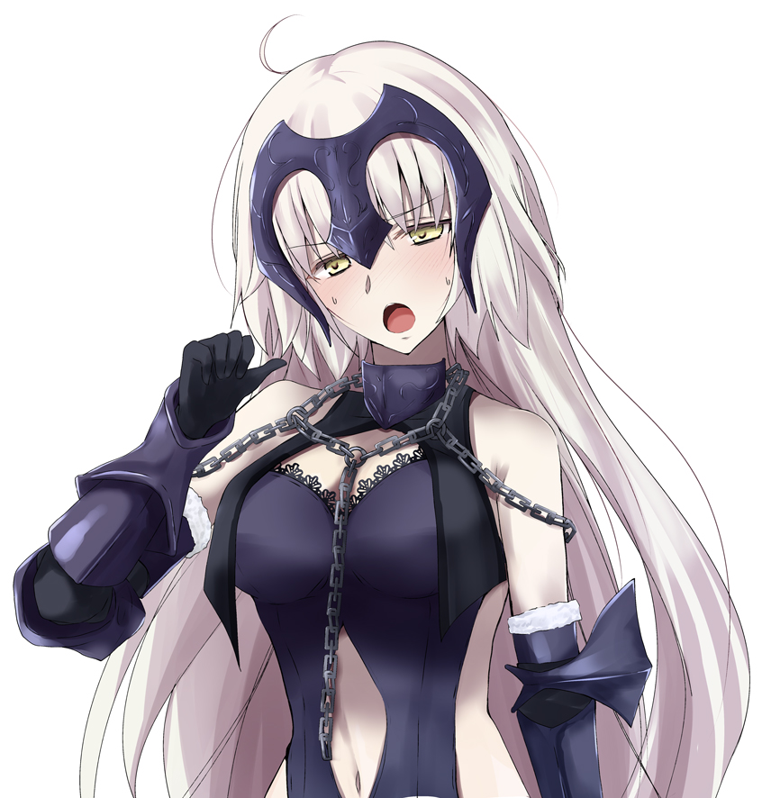 1girl ahoge black_gloves blush breasts character_name eyebrows_visible_through_hair fate/grand_order fate_(series) gloves headpiece jeanne_d'arc_(alter)_(fate) jeanne_d'arc_(fate)_(all) large_breasts long_hair navel navel_cutout rikudou_inuhiko side_cutout solo sweat white_background yellow_eyes