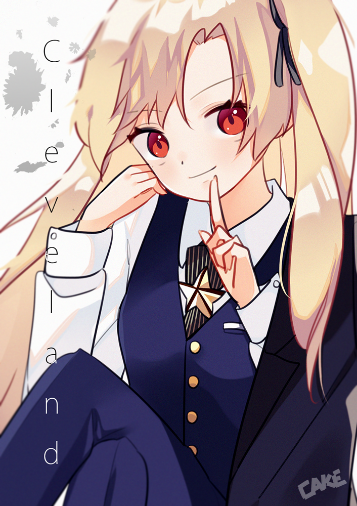 1girl asymmetrical_bangs azur_lane bangs black_neckwear black_ribbon blonde_hair blue_jacket blue_pants blue_vest cake_(isiofb) character_name cleveland_(azur_lane) closed_mouth collared_shirt commentary_request eyebrows_visible_through_hair fingernails hair_ribbon hands_up head_tilt index_finger_raised jacket jacket_on_shoulders light_smile long_hair long_sleeves looking_at_viewer one_side_up pants parted_bangs red_eyes ribbon shirt signature solo striped striped_neckwear vertical-striped_neckwear vertical_stripes very_long_hair vest white_shirt