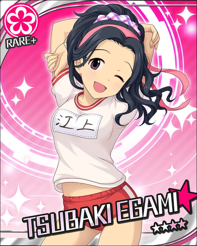 black_eyes black_hair bloomers blush character_name egami_tsubaki idolmaster idolmaster_cinderella_girls long_hair smile sports stars wink