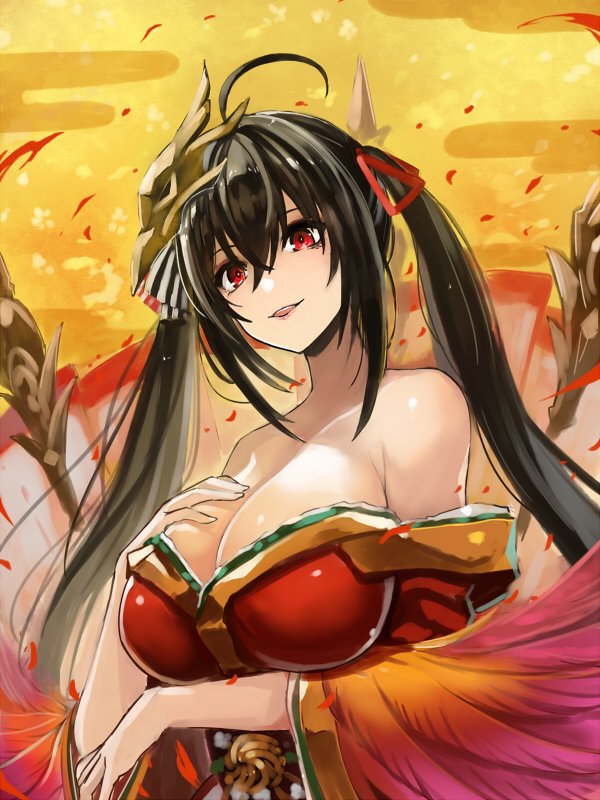 1girl azur_lane bare_shoulders black_hair breasts brown_hair cleavage edobox eyebrows_visible_through_hair hair_between_eyes huge_breasts japanese_clothes large_breasts long_hair open_mouth red_eyes taihou_(azur_lane)