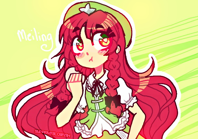 1girl bangs beret braid character_name eating eyebrows_visible_through_hair food green_background green_eyes green_hat hat heart heart-shaped_pupils holding holding_food hong_meiling long_hair multicolored multicolored_eyes puffy_short_sleeves puffy_sleeves red_eyes redhead short_sleeves solo symbol-shaped_pupils thepiratedoge touhou twin_braids yellow_eyes