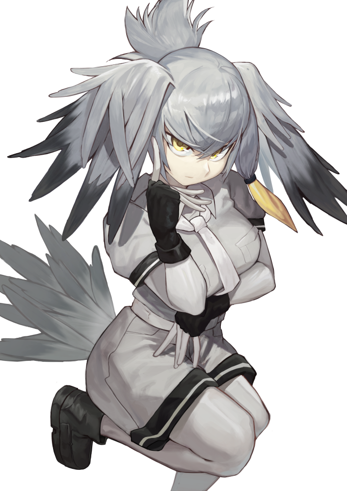 1girl bangs bird_tail bird_wings black_footwear black_gloves bodystocking breast_pocket cinko17817 closed_mouth collared_shirt fingerless_gloves gloves grey_hair grey_neckwear grey_shirt grey_shorts hair_between_eyes hand_up head_wings index_finger_raised kemono_friends leg_lift light_smile long_hair long_sleeves looking_at_viewer low_ponytail multicolored_hair necktie orange_hair pantyhose pocket pose shirt shoebill_(kemono_friends) shoes short_over_long_sleeves short_sleeves shorts side_ponytail solo wings