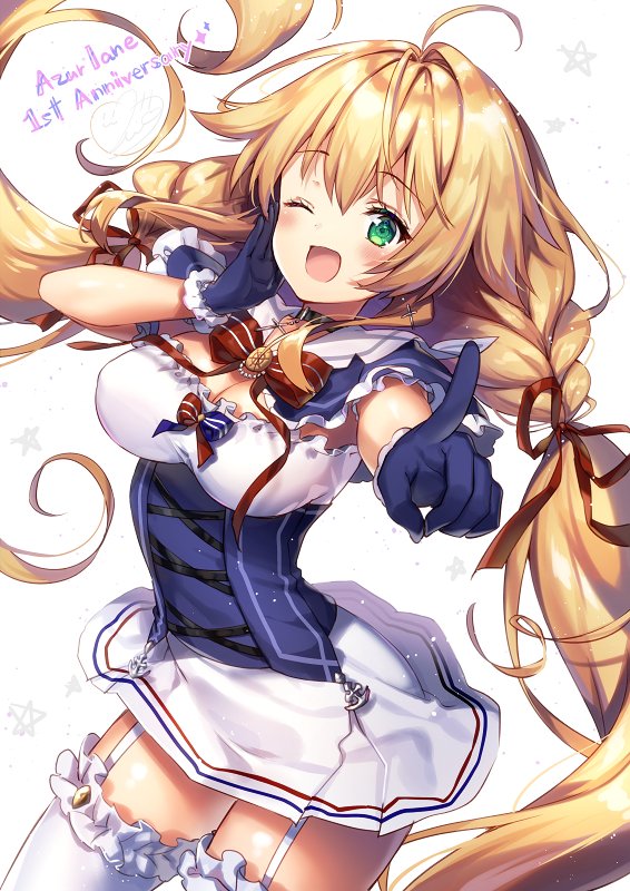 1girl azur_lane blonde_hair blush commentary_request english gloves green_eyes le_temeraire_(azur_lane) long_hair looking_at_viewer one_eye_closed open_mouth pointing pointing_at_viewer riichu simple_background thigh-highs twintails white_background