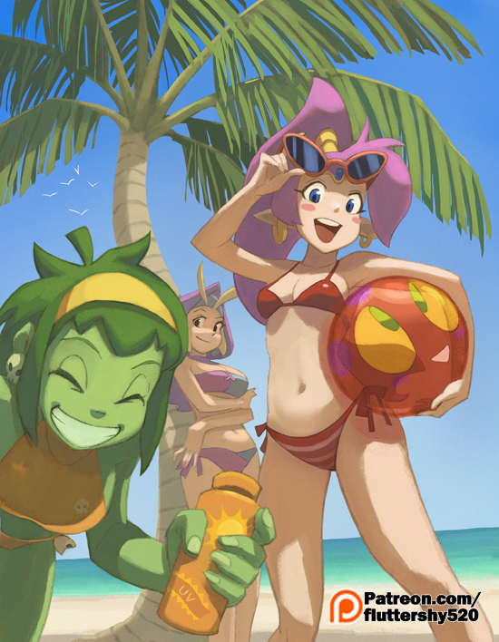 10307 3girls beach bikini blush_stickers breasts cleavage closed_eyes earrings eyewear_on_head hoop_earrings jewelry looking_at_viewer multiple_girls patreon_username pointy_ears red_bikini rottytops shantae_(character) shantae_(series) sky_(shantae) smile swimsuit teeth