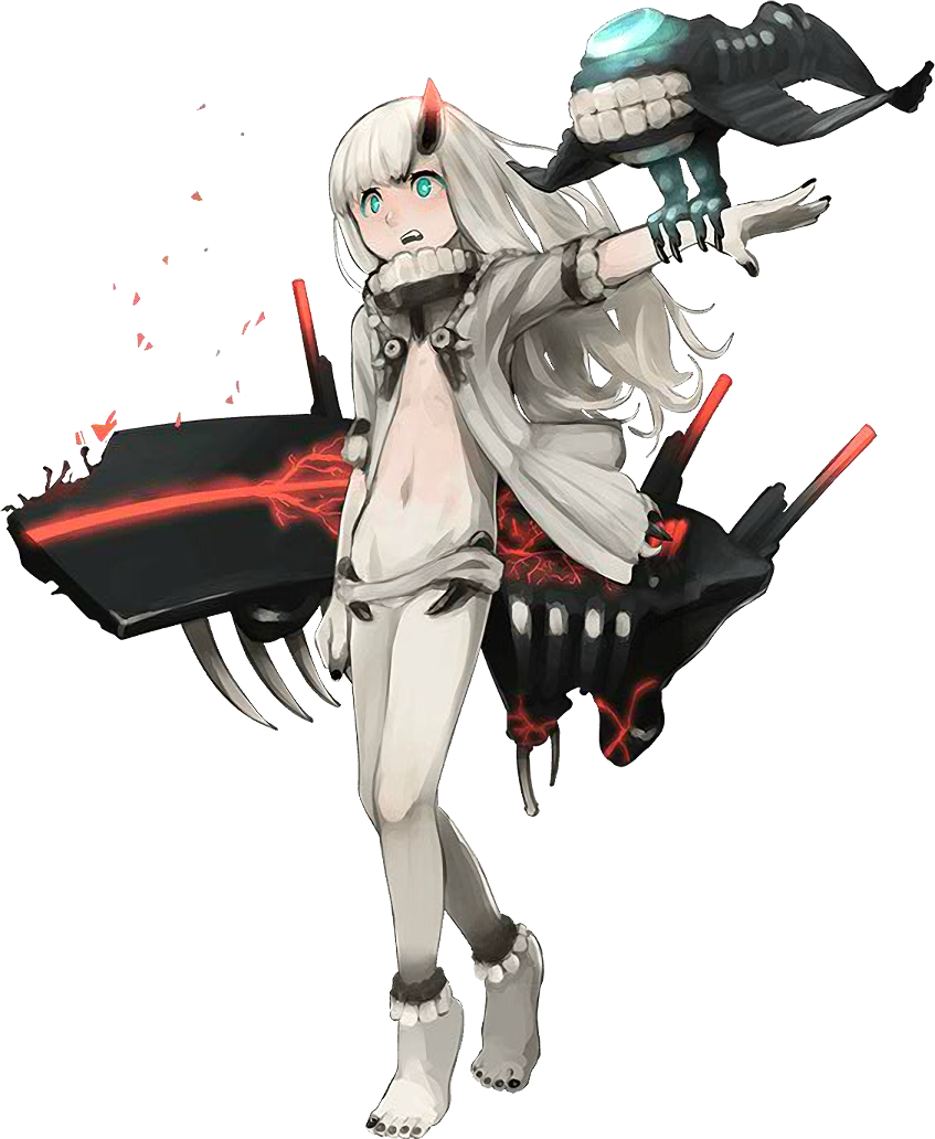 1girl abyssal_patrolling_attack_hawk aqua_eyes barefoot bird_on_arm black_nails blush damaged flat_chest flight_deck full-face_blush full_body german_escort_hime glowing_lines horn jacket kantai_collection long_hair nail_polish official_art oni_horn open_clothes open_jacket open_mouth outstretched_arm shibafu_(glock23) shinkaisei-kan solo teeth toenail_polish turret white_hair white_jacket white_skin