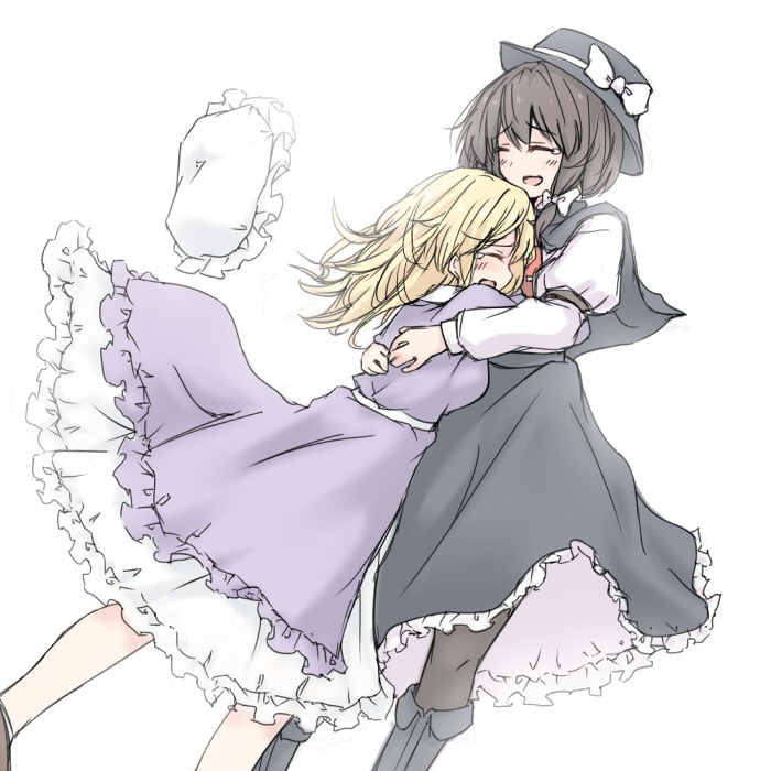 2girls ^_^ black_dress boots capelet closed_eyes closed_eyes commentary_request dress fedora hair_ribbon hat hat_removed headwear_removed hug long_hair maribel_hearn mob_cap multiple_girls necktie open_mouth pantyhose purple_dress ribbon short_hair smile tori_(minamopa) touhou usami_renko