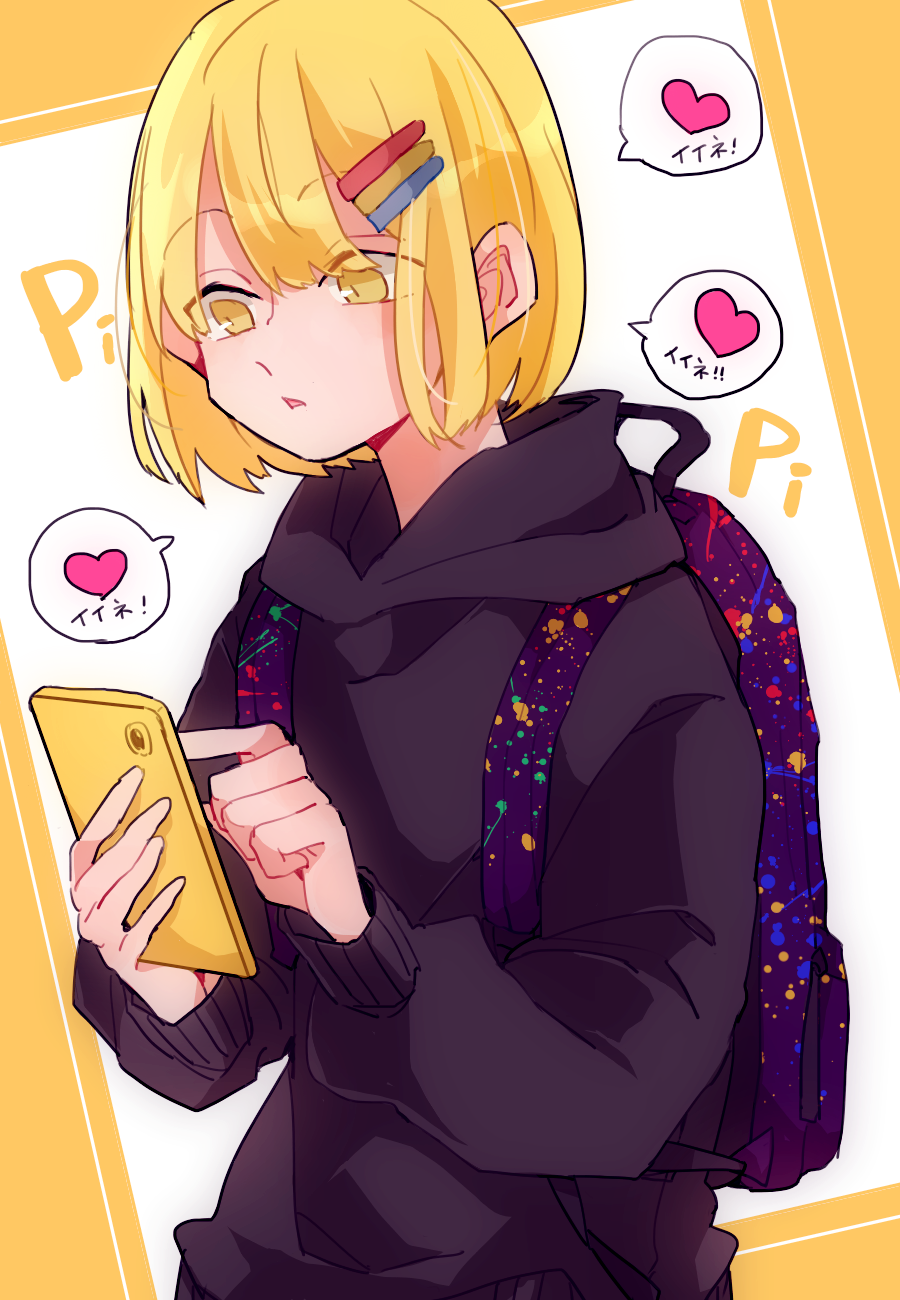 androgynous backpack bag blonde_hair bob_cut cellphone hair_ornament hairclip highres holding holding_cellphone holding_phone hood hoodie phone smartphone torippy virtual_youtuber yellow_eyes youtube yumaaaaa0125