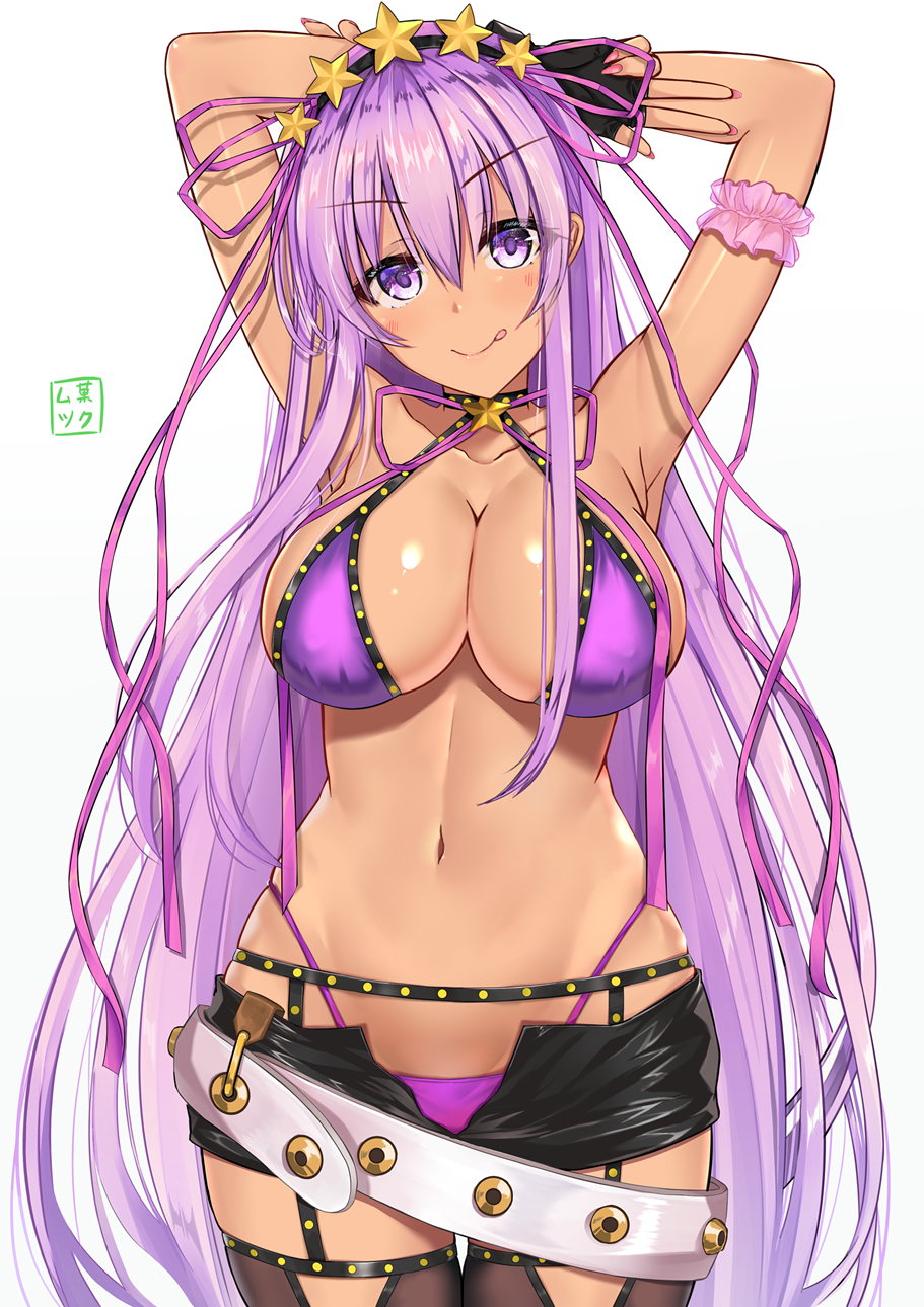 1girl :p arm_scrunchie armpits arms_up bb_(fate)_(all) bb_(fate/extra_ccc) bb_(swimsuit_mooncancer)_(fate) belt bikini black_gloves black_hairband black_pants breasts cleavage fate/grand_order fate_(series) fingerless_gloves garter_straps gloves gyaru hair_between_eyes hairband highres kogal large_breasts long_hair mukatsukulsp nail_polish navel pants pink_nails purple_bikini purple_hair purple_ribbon ribbon smile solo standing star swimsuit tongue tongue_out unzipped very_long_hair violet_eyes