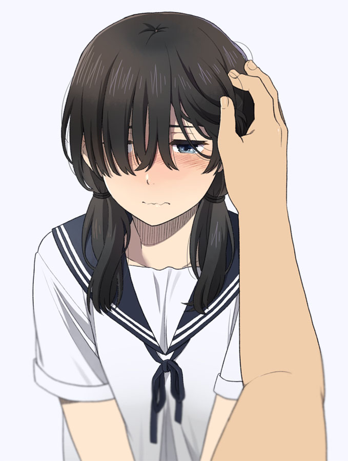 1girl bangs black_hair blue_ribbon blue_sailor_collar blush closed_mouth collarbone fingernails grey_background hair_over_one_eye hair_tie hand_on_another's_head long_hair looking_at_viewer low_twintails mattaku_mousuke neck_ribbon nose_blush original out_of_frame ribbon sailor_collar school_uniform serafuku shirt short_sleeves simple_background solo_focus twintails upper_body wavy_mouth white_shirt